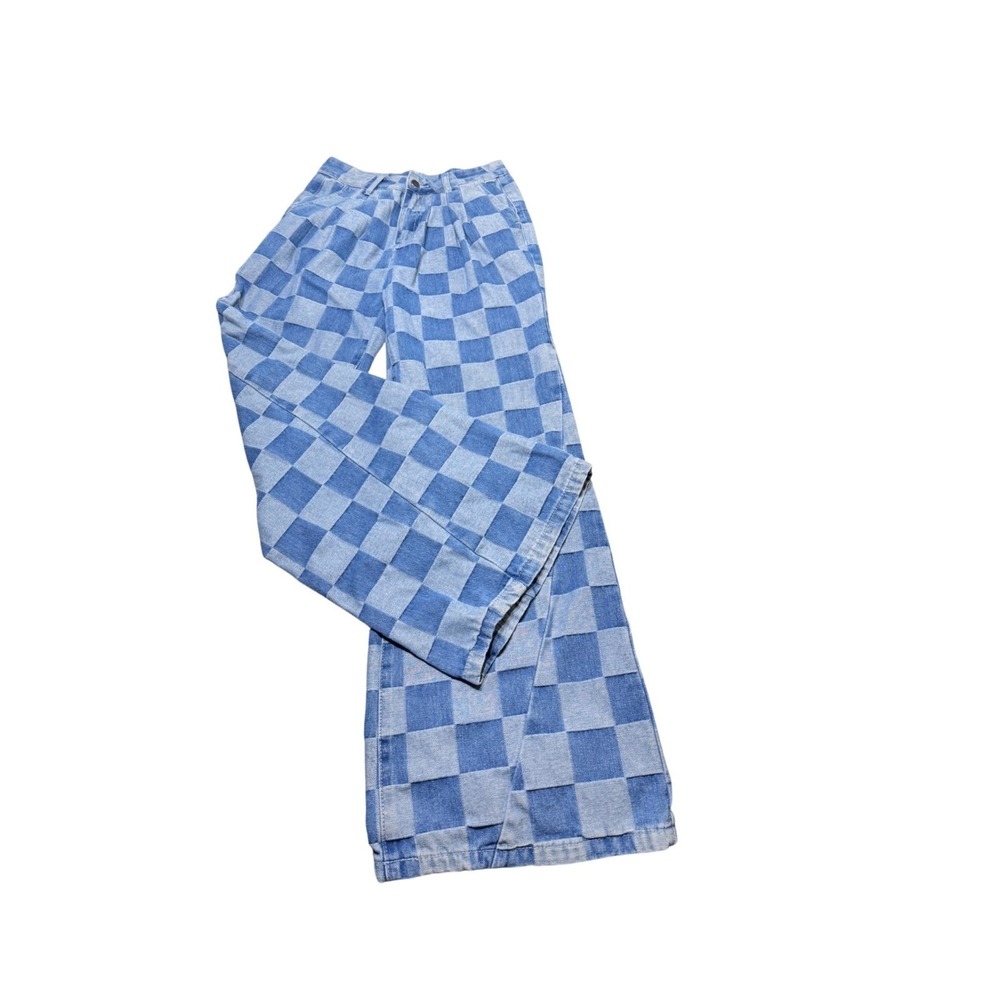 Checkered Jeans Checkerboard Wide Leg Denim Blue Size 4 Y2K Retro‎ Streetwear
